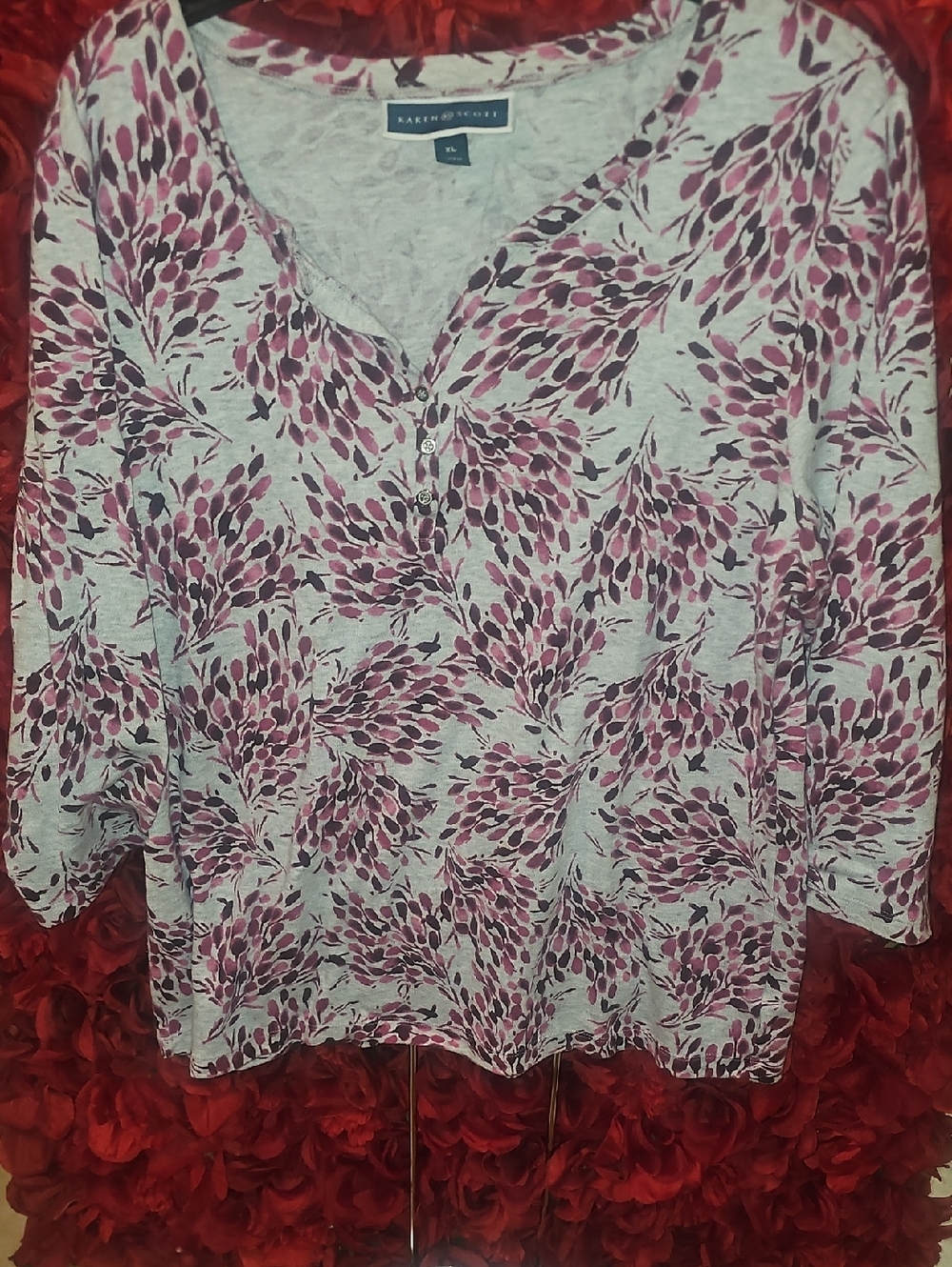 Karen Scott Pink and Plum Floral Gray Henley Long Sleeve Top Size Xlarge
